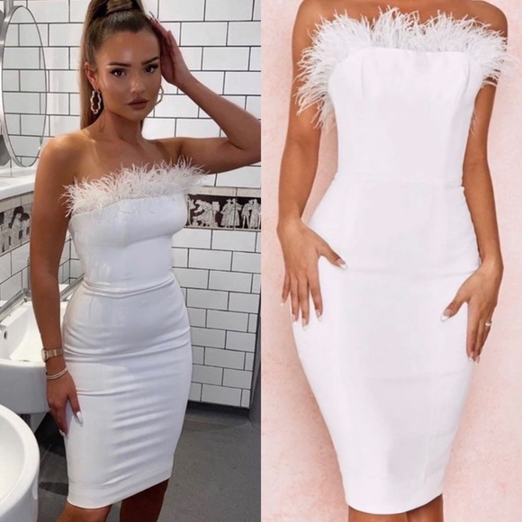 Dresses & Skirts - NWOT White bandage feather trim dress